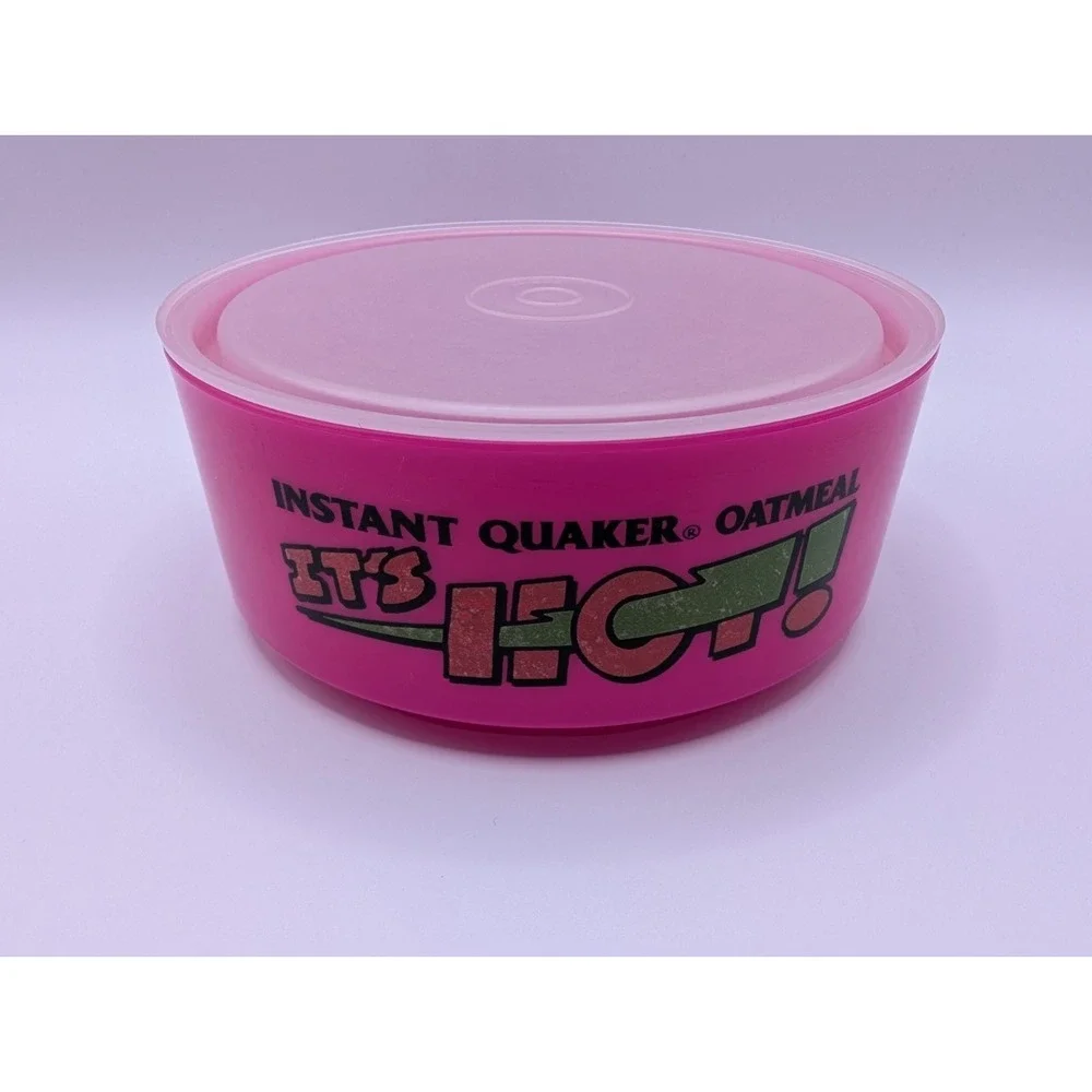 Vintage Instant Quaker Oatmeal It's HOT Pink Plastic Color Bowl 1992 With Lid
